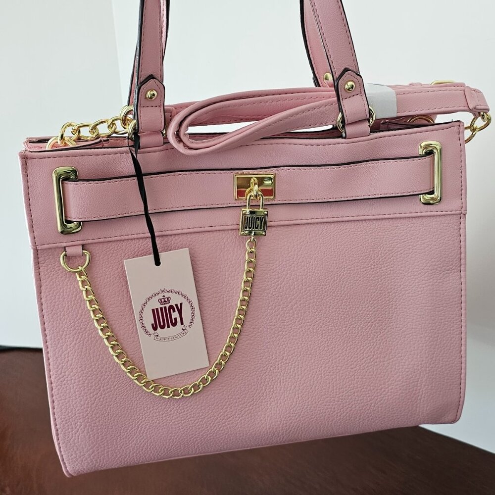 Juicy by Juicy Couture Lock & Key Chain Satchel Crossbody Bag Pink Flamingo New
